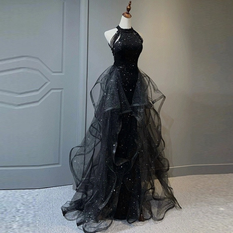 黒のイブニングドレスホルターネックドレス気質スパンコール声楽テストガールワンピースニットワンピースパーティードレスドレス韓国 ワンピースロングワンピースシャツワンピース