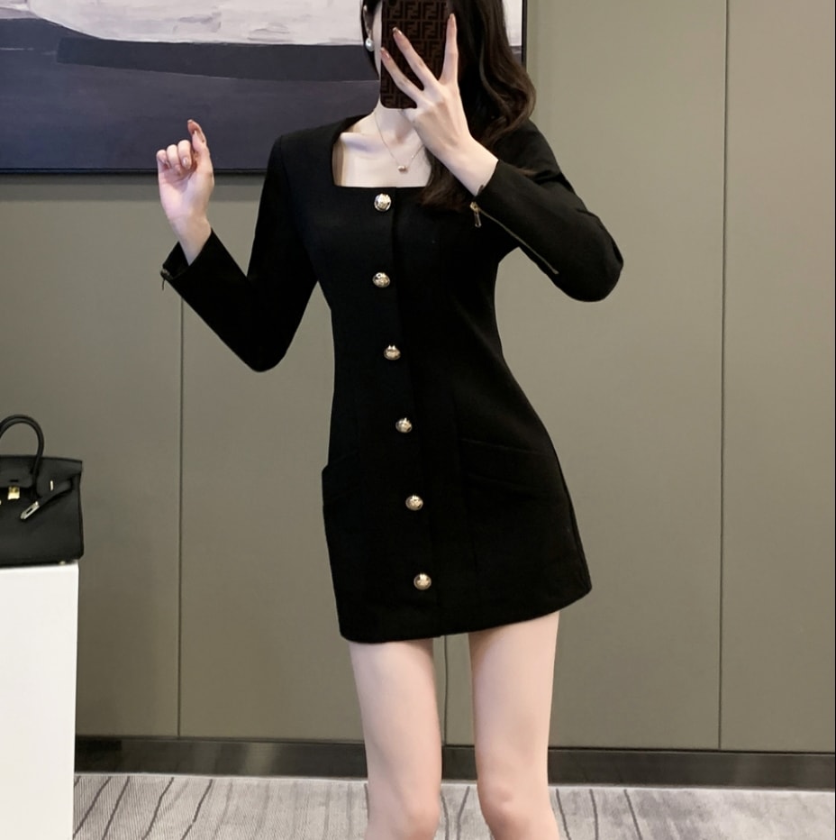 ワンピース デート ワンピドレス ショート ショート丈 袖あり 長袖 スクエアネック かわいい 大人可愛い きれいめ シンプル カジュアル 大人 上品 おしゃれ お洒落 主役級 存在感 春 秋 10代