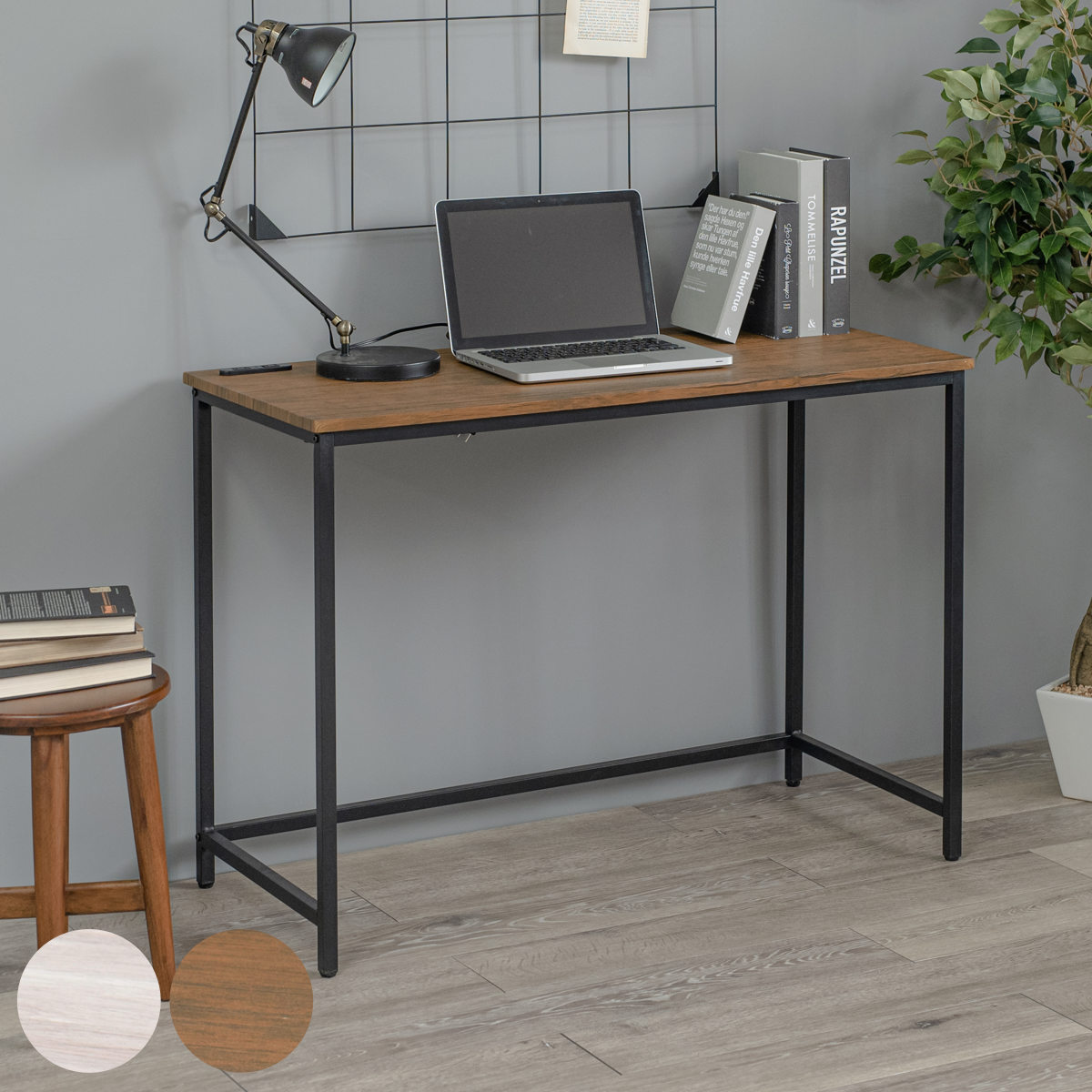 ワークデスク 幅100cm ロングデスク 2口コンセント付 スリム デスク 机 シンプルデスク パソコンデスク 木目調 学習机 勉強机 コンセント付き 奥行 45cm スチール脚