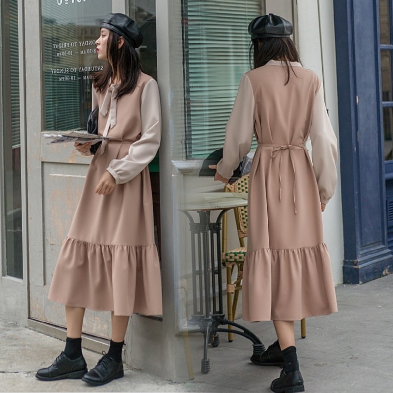 バイカラーボウタイワンピース ワンピース フレアワンピース ミモレ ミモレ丈 ロング ロング丈