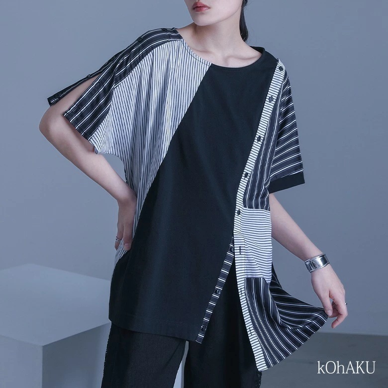 Tシャツ カットソー 春 夏 レディース トップス 半袖 五分袖 綿100％ 異素材 アシンメトリー 肩あき スラッシュ 変形 肌見せ 可