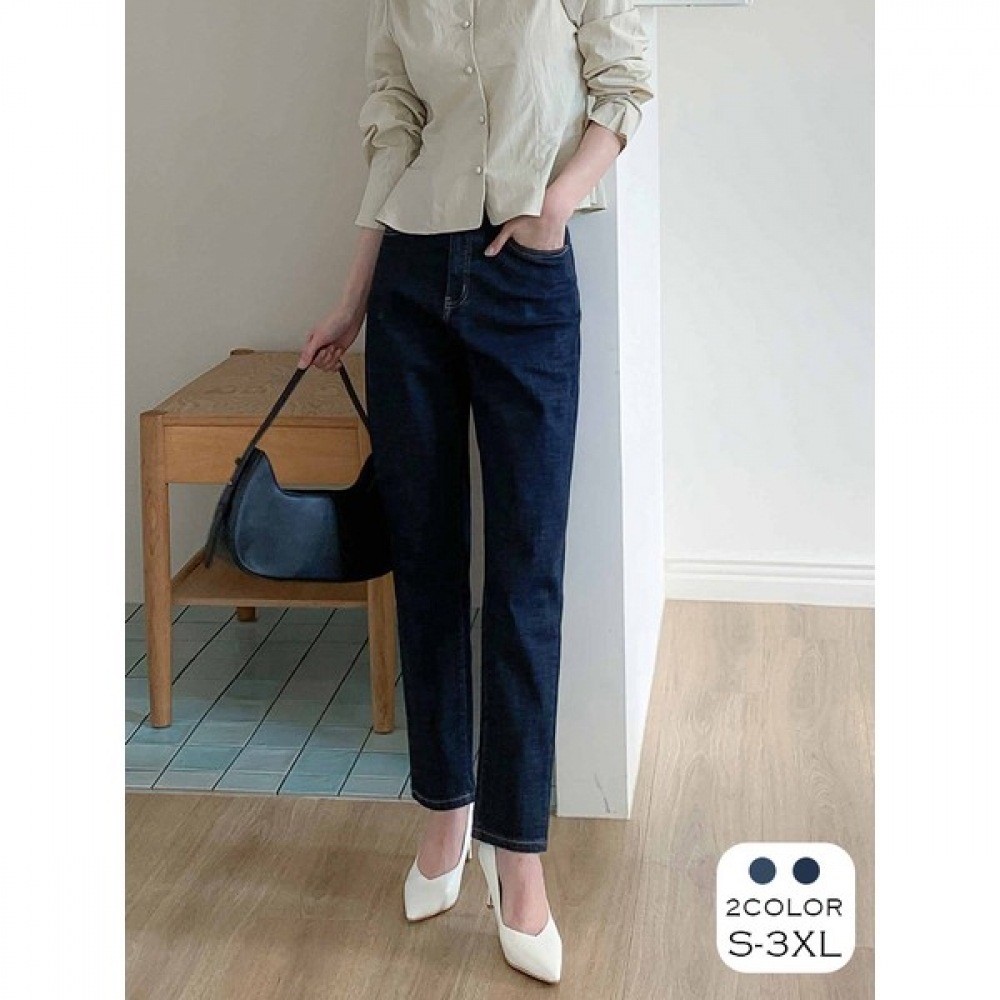 (Jinmania) 2色デイリーヒドゥンバンディングバギーデニムパンツ