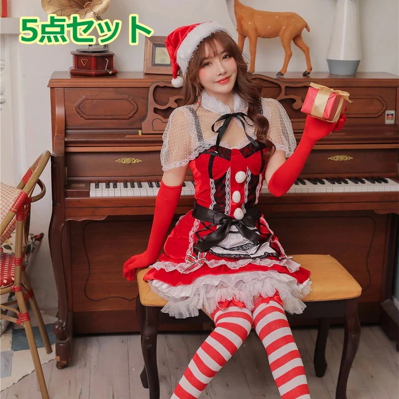 【ins話题で 超安值】5点セット サンタ コスプレ (ワンピース+ベルト+ケープ+手袋+帽子) サンタコス クリスマス衣装 服 コスチューム クリスマス レディース 衣装 セクシー サンタクロース