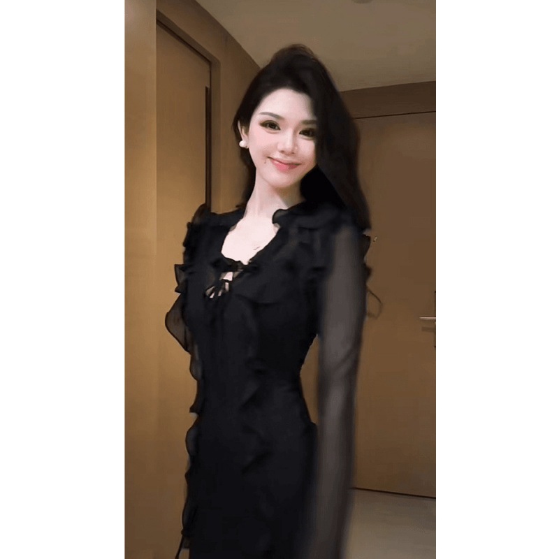 ナイトフォールパッションドレス 気質 フレンチヘップバーンデザインセンス ロイヤルシスター 長袖 ウエストスリミングドレス