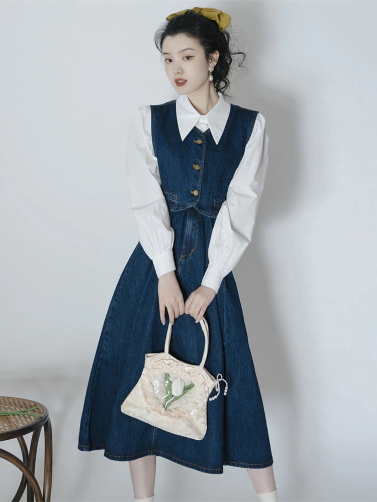 セットアップ 春夏 レトロ フレンチシャツ+デニムベスト+半身スカート カジュアル 上下3点セット