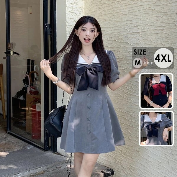 ワンピース 灰 半袖 中学生 高校生 夏服 大きいサイズ カジュアル 可愛い ワンピ 通学 セーラー 海軍風 スイート リボン Aラインスカート グレー ブラック dd039m5m5m6