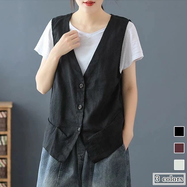 リネンベスト レディース 夏 ベスト 薄手 前開き ジレ 麻 チョッキ レトロVネック 前開きベスト リネン 5,578円