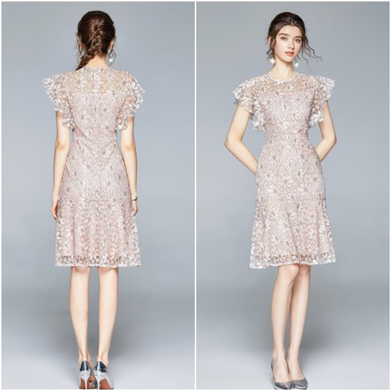 【取寄：納期2週間】ワンピースドレス 半袖 大きいサイズ 2XL ラウンドネック フリルスカート Aラインスカート 結婚式ドレス お呼ばれ パーティードレス ガーリー 花柄 エレガント レース