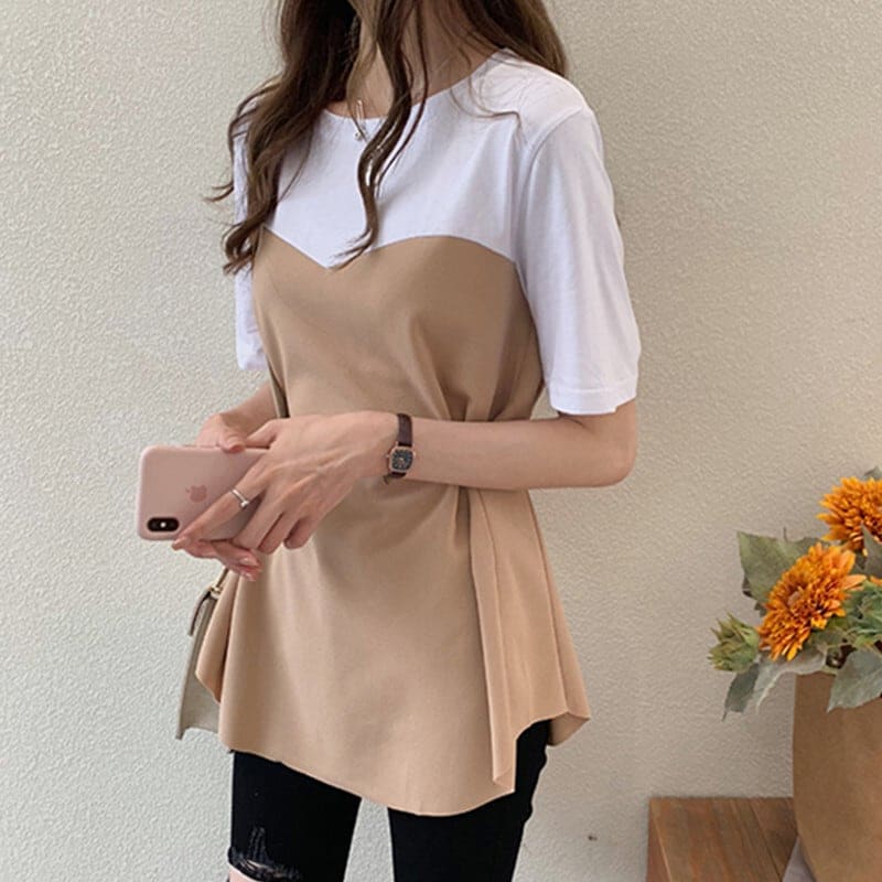 トップス チュニック 袖あり 半袖 ラウンドネック 切り替えデザイン 綿 お得 かわいい 大人可愛い シンプル カジュアル 大人 おしゃれ 大人可愛い 大人女子 ラフ 無地 夏 10代 20代 普段使