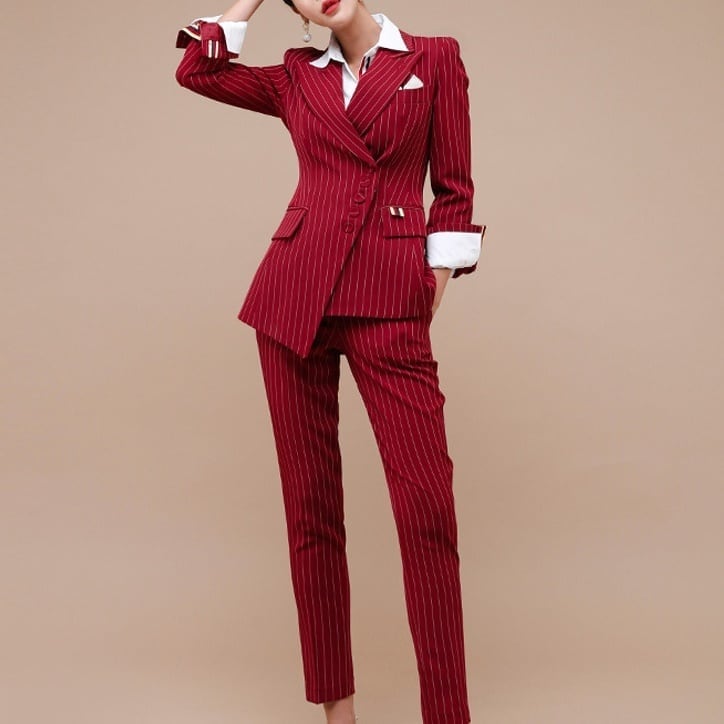 セットアップ スーツ パンツ ボトムス ジャケット ダブルブレスト 長袖 ロング アンクル丈 ストライプ アシンメトリー ハイウエスト セミフレア ストレート 襟付き Vネック レトロ lsu0010