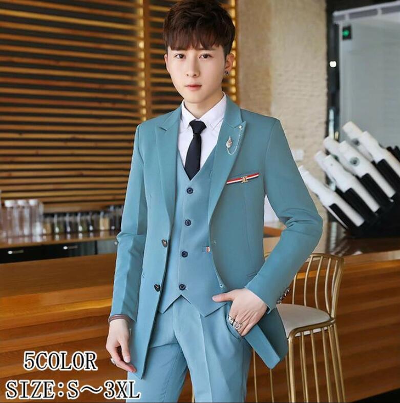 スリーピーススーツ タキシードスーツ カッコイイ ロング丈ジャケット 2つボタンスーツ 3ピーススーツ セットアップ フォーマル メンズスーツ 二次会 成人式 就職活動 結婚式 ビジネススーツ 結