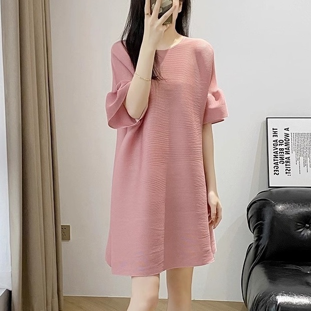 2way ワンピース ミニワンピース 5分袖 ラウンドネック チュニック かわいい 可愛い 大人可愛い きれいめ シンプル レトロ おしゃれ かっこいい