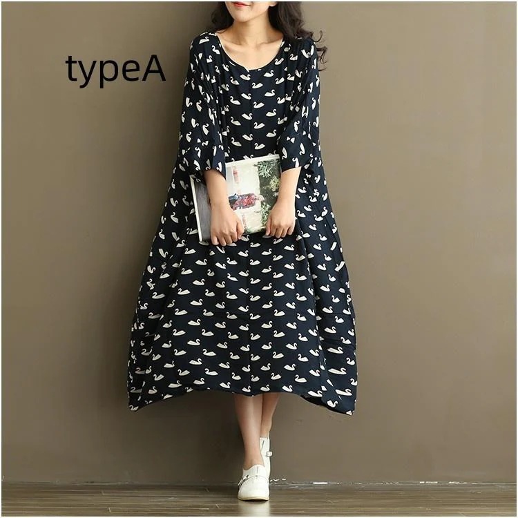 レディース ワンピース 鶴柄 大きいサイズ ゆったり 五分袖 オーバーサイズ 大きいサイズ ゆったり コットン vivishow