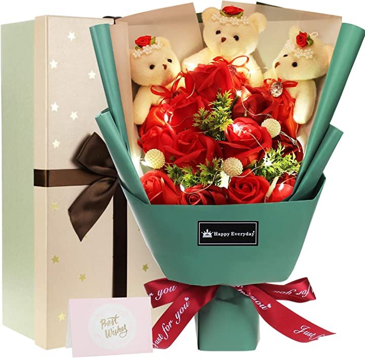 ソープフラワー 花束 くま LED付き ピンク 枯れない花 石鹸花 バラ 造花 ブーケ 可愛いぬいぐるみ プレゼント 誕生日 母の日 結婚式 記念日(花束－レッド色) 4,724円