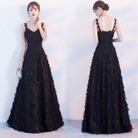 カラードレス 演奏会 黒 ブラック フェザー 羽 ロングドレス パーティードレス 結婚式 二次会 イブニングドレス 前撮り 発表会 キャミソール-650