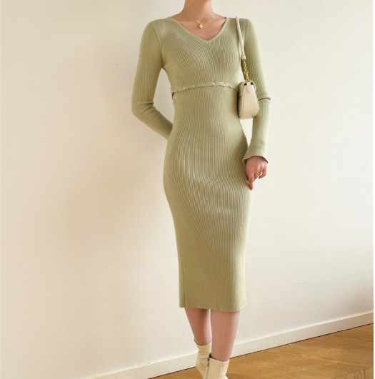 レディース ワンピース ニットワンピ クロップドトップス 膝下 ミモレ 長袖 ロングスリーブ Vネック 襟なし ノーカラー タイト スリム 切り替え ドッキング ２way フェミニン