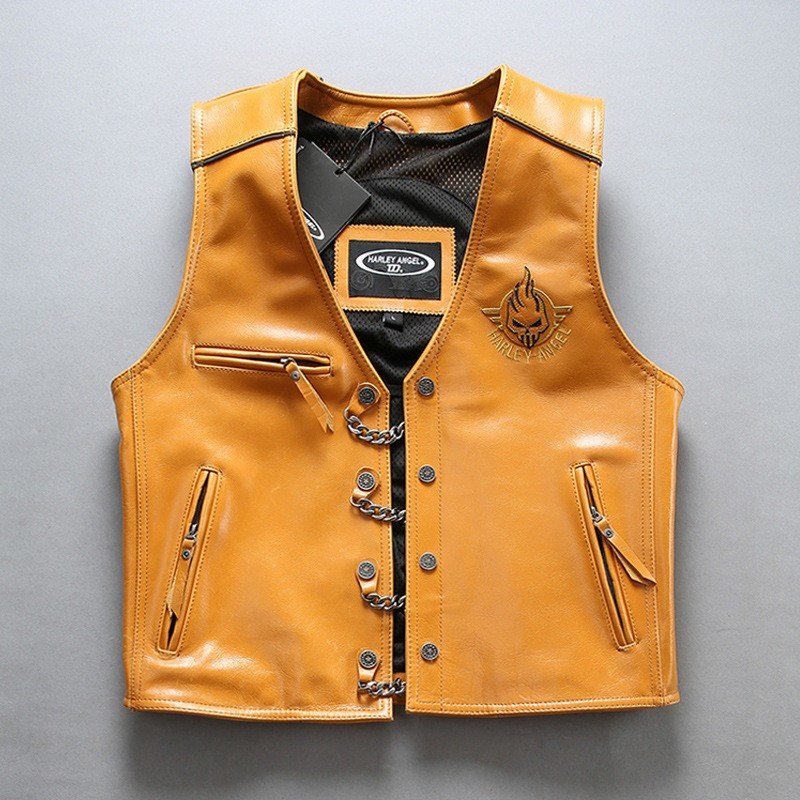 本革レザーベスト 本革ベスト 革ベスト メンズ 革ジャン バイクウェア バイクジャケット 牛革 オシ