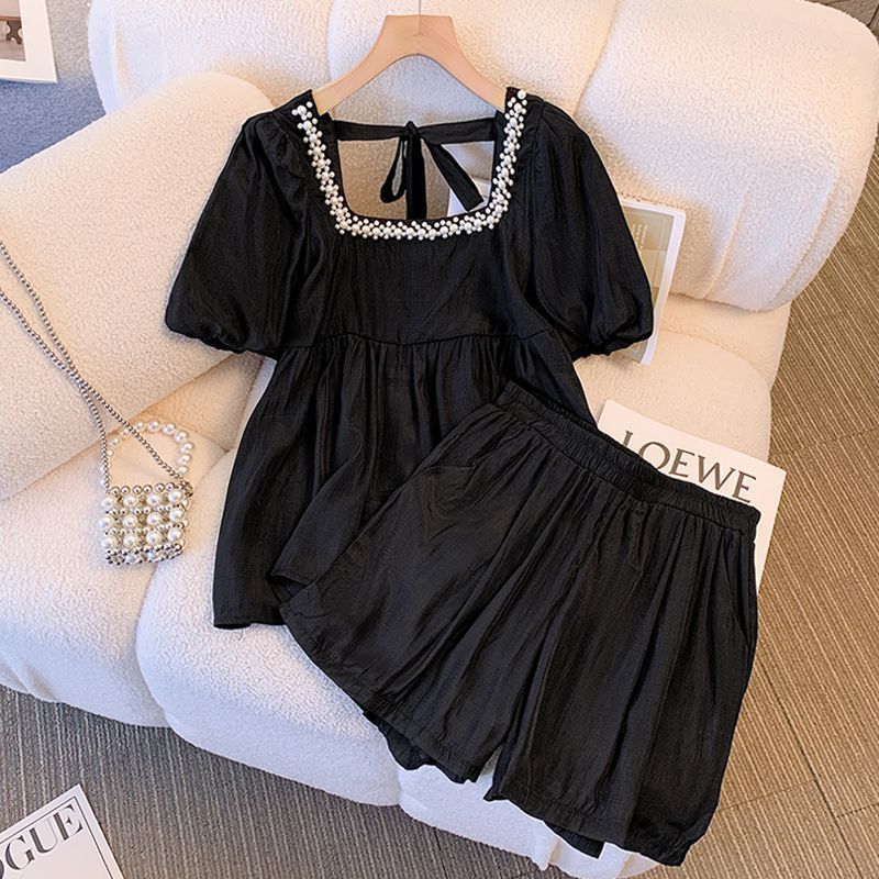 高品質新入 ファッションデザイン感レディー2点セット レトロスクエアネックトップス+快適性ゆったりカジュアルハーフパンツ