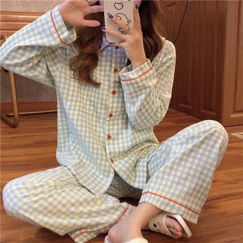 ウェア ジャージ 部屋着韓国網紅加絨毯厚手緩ゆるいボタン開襟長袖チェックパジャマセットウェアスウェット上下セットパジャマ