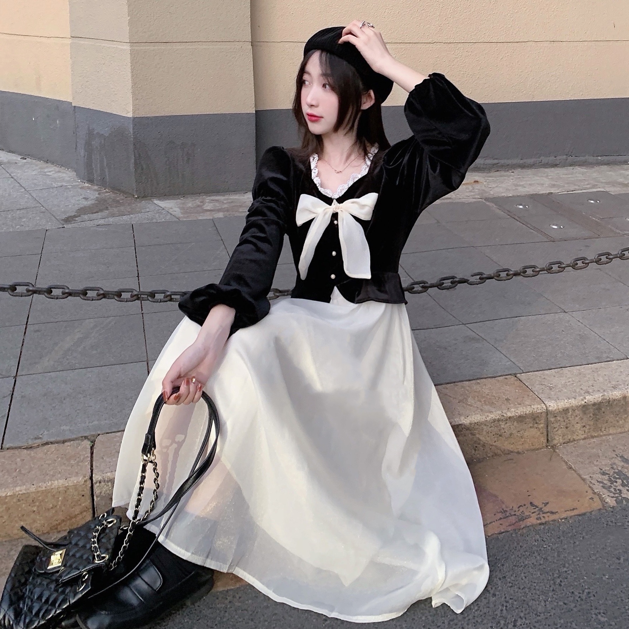 ワンピース ひざ丈 膝上 袖あり 長袖 Vネック Uネック 襟付き ストレート チュール かわいい