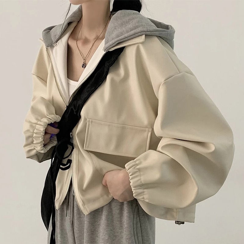 アウター パーカー 長袖 前開き ファスナー ポケット ショート丈 異素材ミックス かわいい 大人可愛い きれいめ シンプル 上品 おしゃれ かっこいい カジュアル レトロ ラフ ルーズ こなれ感