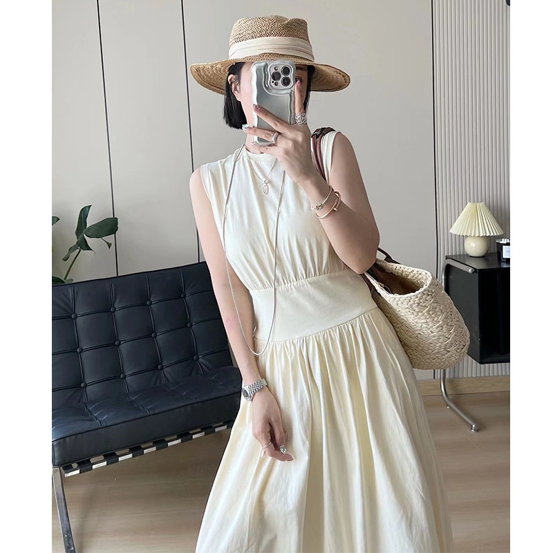 春新作コットンウエストAラインフレアワンピースロングノースリーブレディースワンピースカジュアルモデル