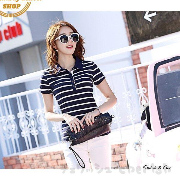 Tシャツ レディース 半袖 韓国風 夏新作 おしゃれ トップス 立ち襟 ポロシャツ ストライプ きれいめ 薄手 カジュアル 大きいサイズ 大人 通勤 着痩せ