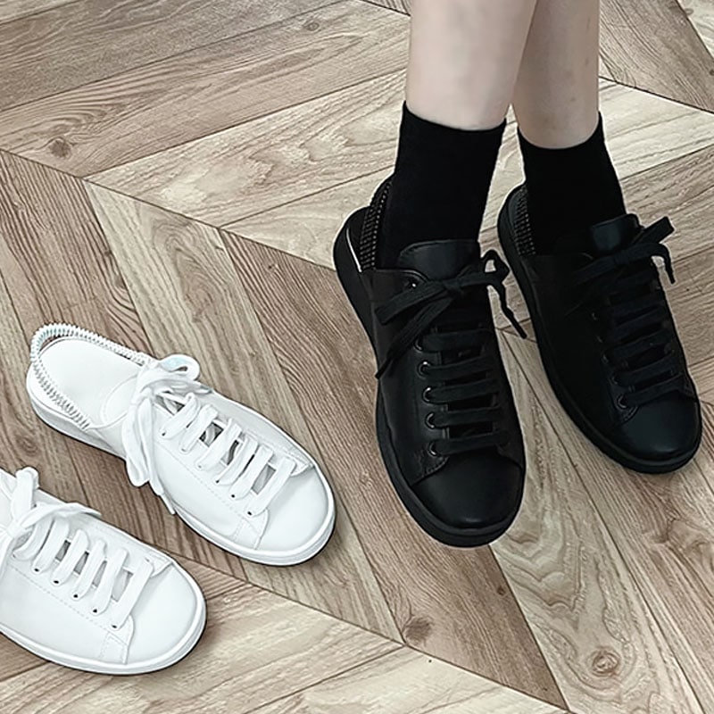 2color シンプル, カジュアルなデザイン バックゴムストラップ．バックストラップ付き ラウンドトゥ レースアップ ローヒール スニーカー．スリングバックスニーカー