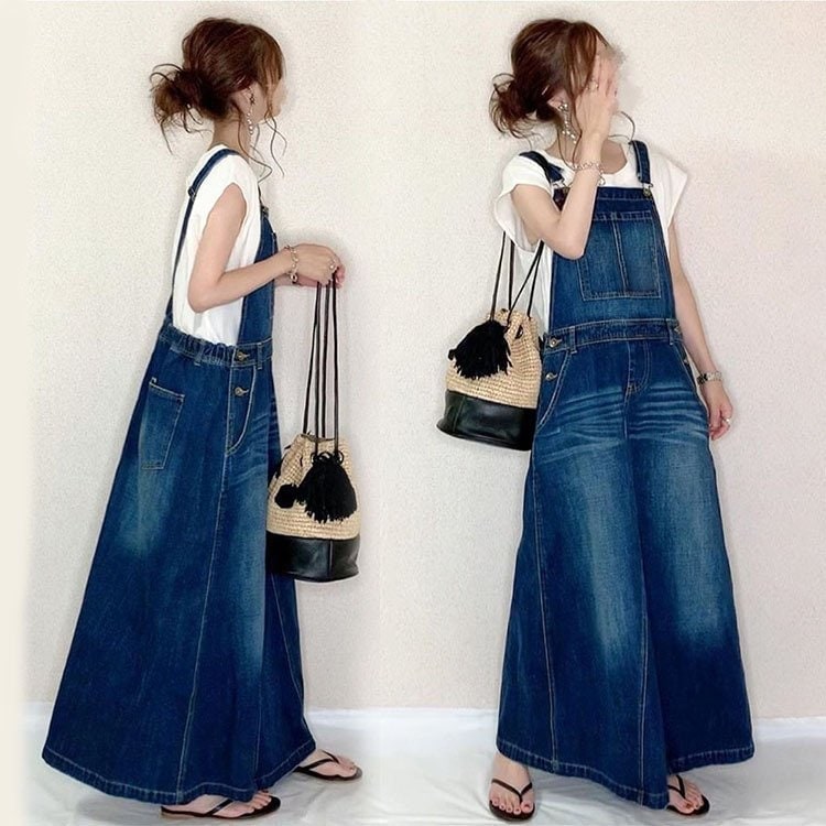 デニム サロペットスカート 大きいサイズ ゆったり 綿 ワンピース Aライン 春秋 ロングワンピース 妊婦服 体型カバー 通勤 オシャレ カジュアル30%制限