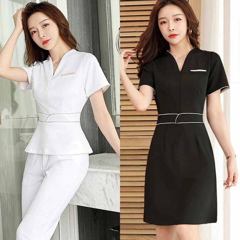 大人気 セットアップ ユニフォーム エステ サロン通勤 レディース 女性 制服 美容院通勤 ワンピース半袖 七分袖 ジャケット 上下セット エステ制服
