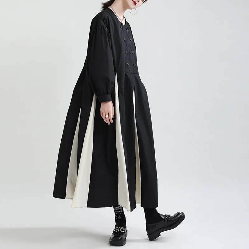 冬のワンピース秋冬 バブル袖 黒白切り替え ゆったり ロングワンピース 暗黒風 ワンピース レディース 長袖 ロング丈ワンピース 冬アウター