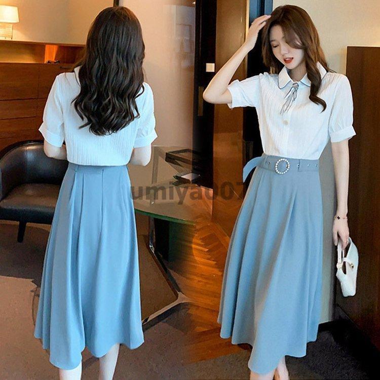 【急速発送】送.料.無.料.40代 夏 半袖ブラウス リボンネック aラインスカート オシャレ シャツワンピース 着痩せ 通勤 オフィス 入学式上下セット 5,515円
