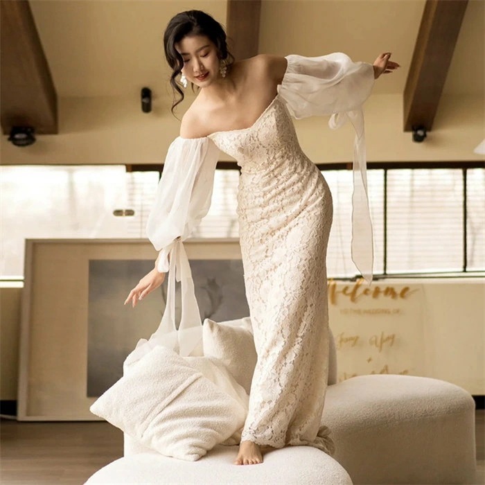 ホワイト　総レース　ウェディングドレス　オフショルダー　 ロングドレス ウェディングドレス パーティードレス　二次会ドレス　ブライダル　撮影　S/M/L/XL/2XL　レディース　ドレス 　トレー