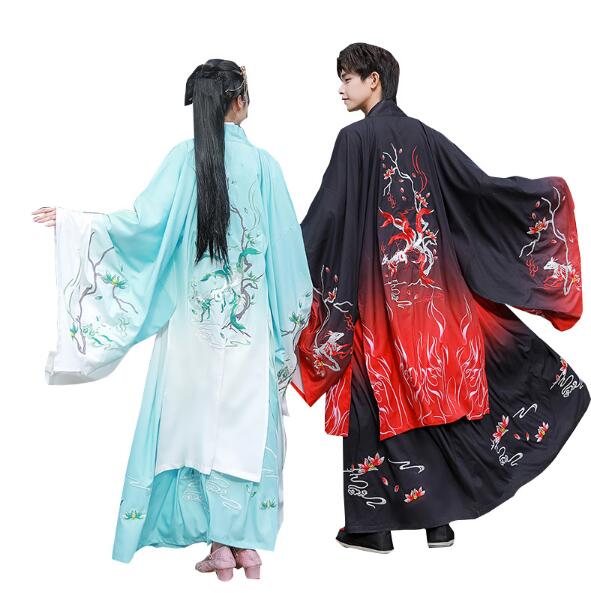 男女兼用漢服唐装漢服　狐刺繍 2点セット/3点セット選択　ロング丈羽織コート　カップル中華振袖漢服　ｔシャツ+ロング丈スカート　振袖中華古風コスプレ衣装　メンズレディースチャイナ舞台ステージ服　ハロウ
