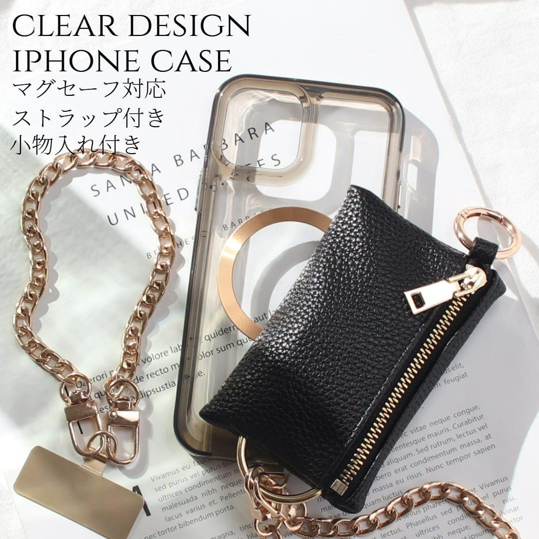 iphone12 ケース クリア 小銭入れ iphone12mini iphone12Pro iphone12ProMAX マグセーフ対応 チェーン ストラップ 大容量 カード収納 背面収納 カード