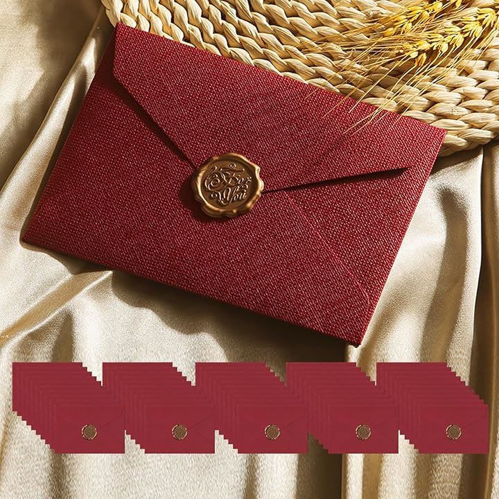 洋2封筒 おしゃれ 50枚 シーリングシール付 可愛い 状袋 リネン紙 亜麻 洋形2号 招待状 挨拶状封筒(ワインレッド)