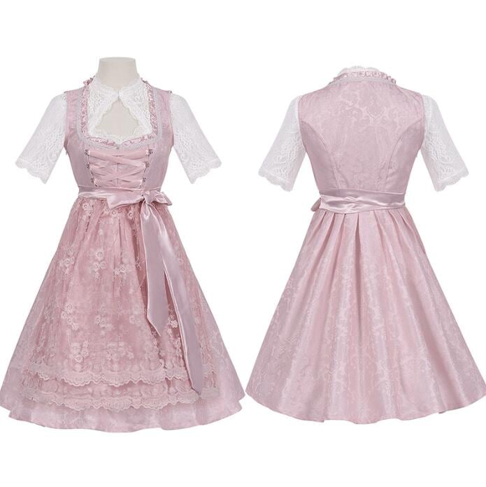 レディース ハロウィン コスプレ衣装 ロリータワンピース 3点セット ドイツ風 ヒール祭り メイド服 ウェイター ジャカード花柄 レースエプロン メイド服 女性 農場 田舎風 ワンピース 舞台劇 演出