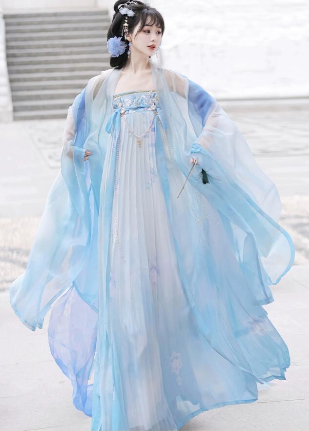 レディース 漢服 唐朝 美人服 貴妃ドレス 華流 コスプレ衣装 ハロウィン コスプレ衣装 中国古代 お嬢様ドレス 学園祭 文化祭 イベント コスチューム ドレス＋羽織 おしゃれ ブルー