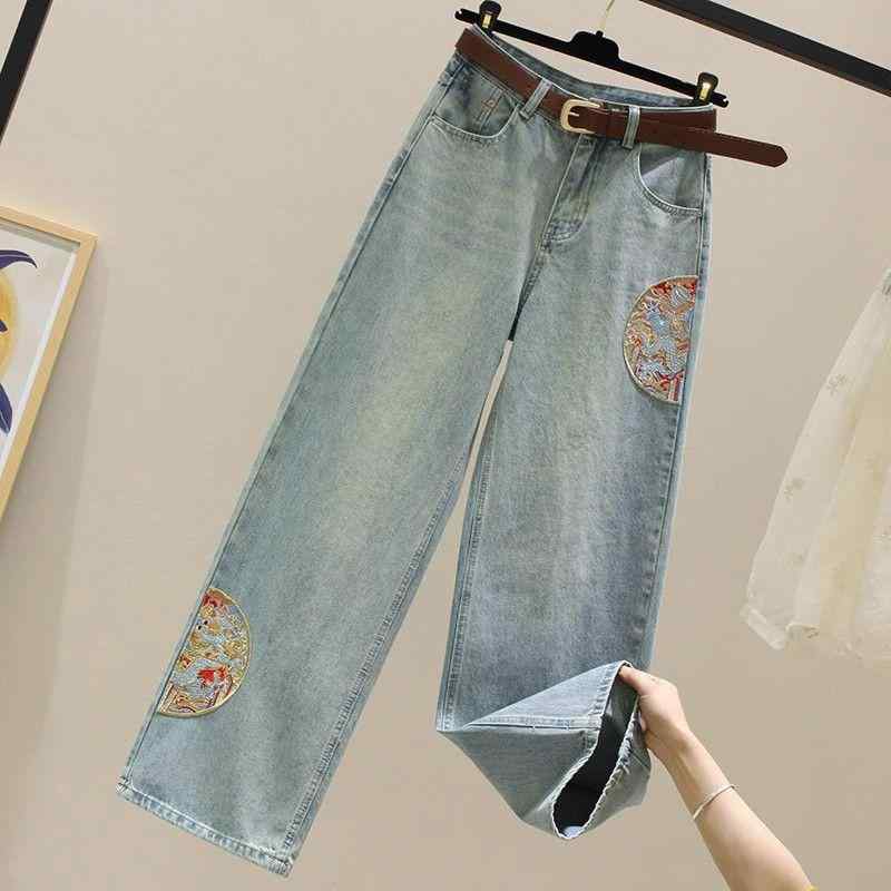 レディース ファッション カジュアル おしゃれ チャイナ風 刺繍 ハイウエスト ストレート ジーンズ 初春 スリミング ワイドレッグ レングス パンツ