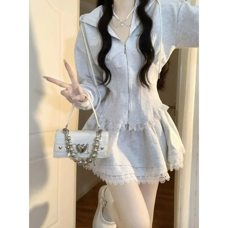 2025新作人気スウェットパフカジュアルグレースカートトップスファッション春秋セットレースセットアップフード付き最安値保証品質良い