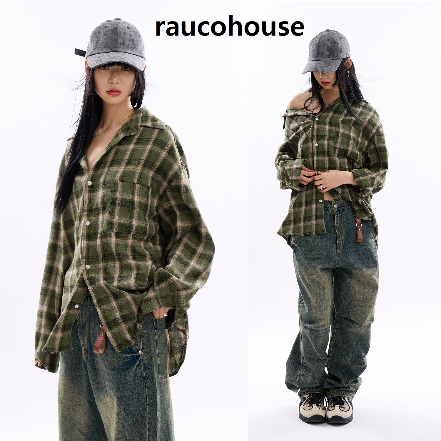 [韓国ファッション] バーセット ビンテージ オーバー チェック シャツ (UNISEX) 2色 トレンド カジュアル スポーティ デートコーデ ミニマル リラックス 韓国スタイル アーバン