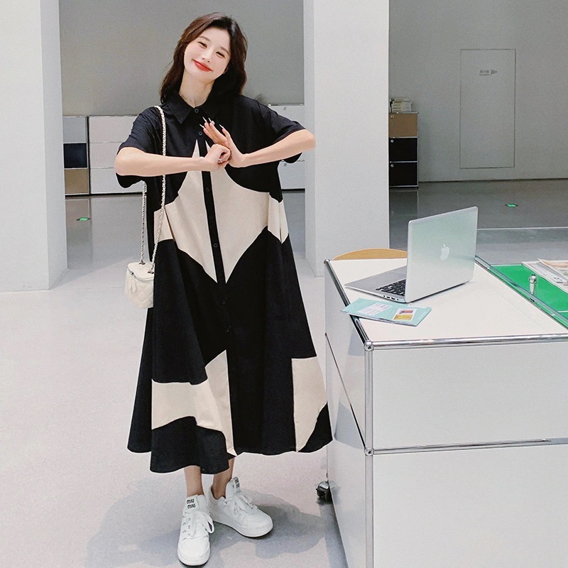 実際の撮影夏の新しい幾何学的な色の組み合わせファッション薄いワンピース韓国シャツゆったり薄いビッグサイズロングスカート