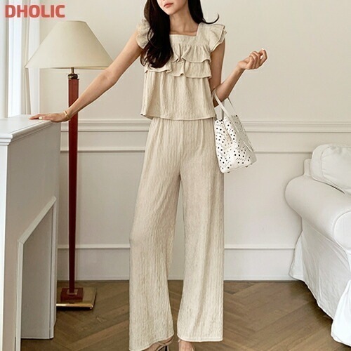 [メガ割りSALE]ウエストゴムプリーツロングワイド半袖フリルドローストリングセットアップパンツTシャツ