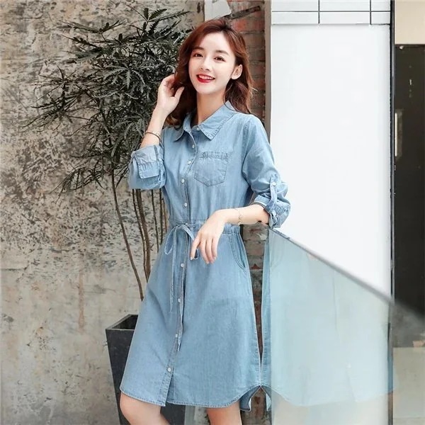 デニムワンピースレディース長袖ウェスト調節チュニック着痩せ薄前開き柔らかい無地大きいサイズ春おしゃれキレイめ楽チン30%までに制限