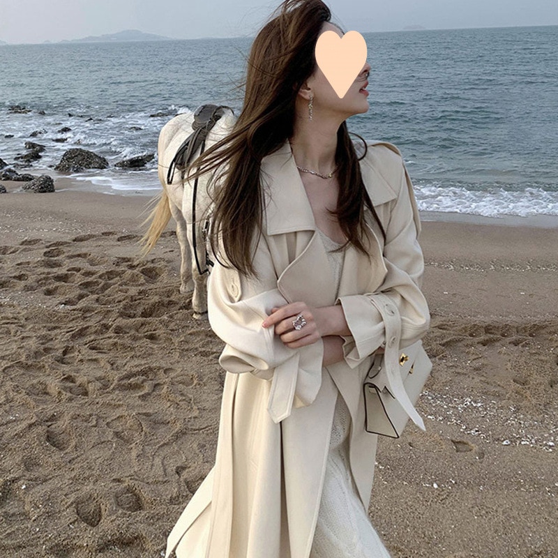 女性のための白いミッドレングスウインドブレーカーコート2025春と秋の新しいスタイルのハイエンドの背が高くてスリムな小柄なコート