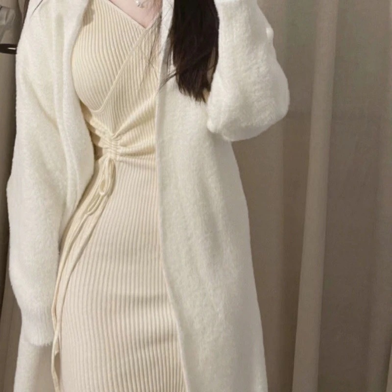 ハイエンドのカスタマイズ-秋と冬の女性用ミンクベルベットロングセータースーツ怠惰で暖かく柔らかくワックスのような緩いニット2点セット