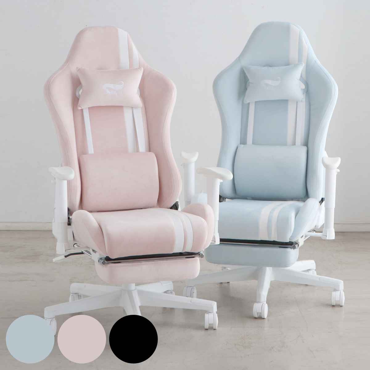 ゲーミングチェア 座面高42ー50cm フットレスト デスクチェア 椅子 パソコン チェア オフィスチェア ゲーム ファブリック アームレスト ランバーサポート ネックピロー かわいい