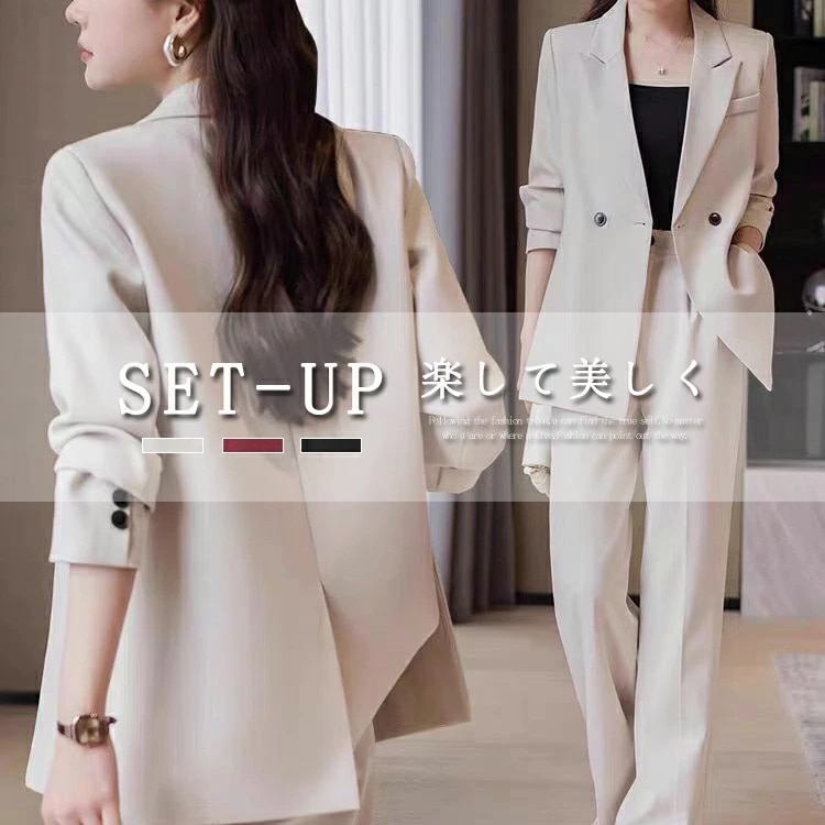 スーツ セットアップ レディース ワイド パンツ フォーマル 2点セット カジュアル パンツスーツ 入園式 セレモニー 卒業式 面接 ビジネススーツ ジャケット 洗える ダブルボタン ストレートパンツ