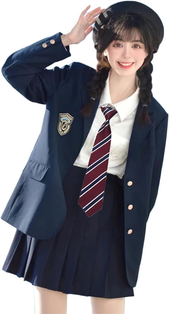 [Sky]コスプレ jk ブレザー 制服5点セット 女子高生 学生服 スクール仮装 コスチューム 紺色 スカート シャツ ネクタイ バッジ 学園祭 文化祭 入学式 撮影