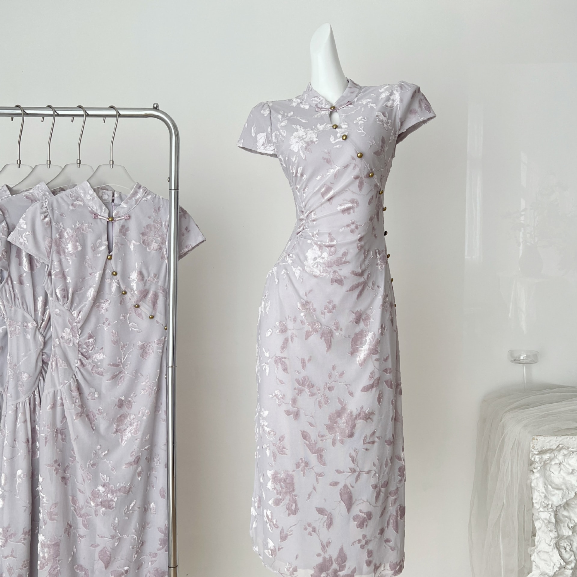 【急速出荷】凌茜恣禾夢瑶新中式紫色ジャカード改良チャイナドレス襟ワンピース